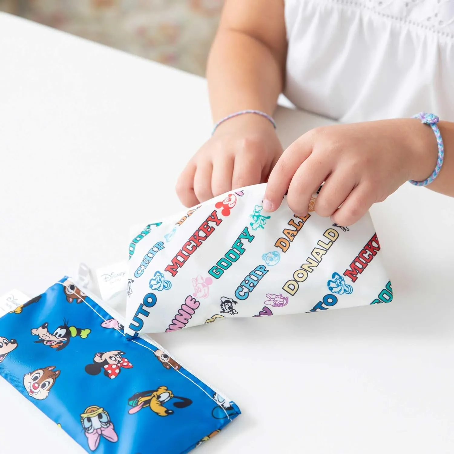 Bumkins Disney Reusable Snack Bags, for Kids School Lunch and for Adults Portion, Washable Fabric, Waterproof Cloth Zip Bag, Supplies Travel Pouch, Food-Safe Storage, 2-pk Mickey and Friends