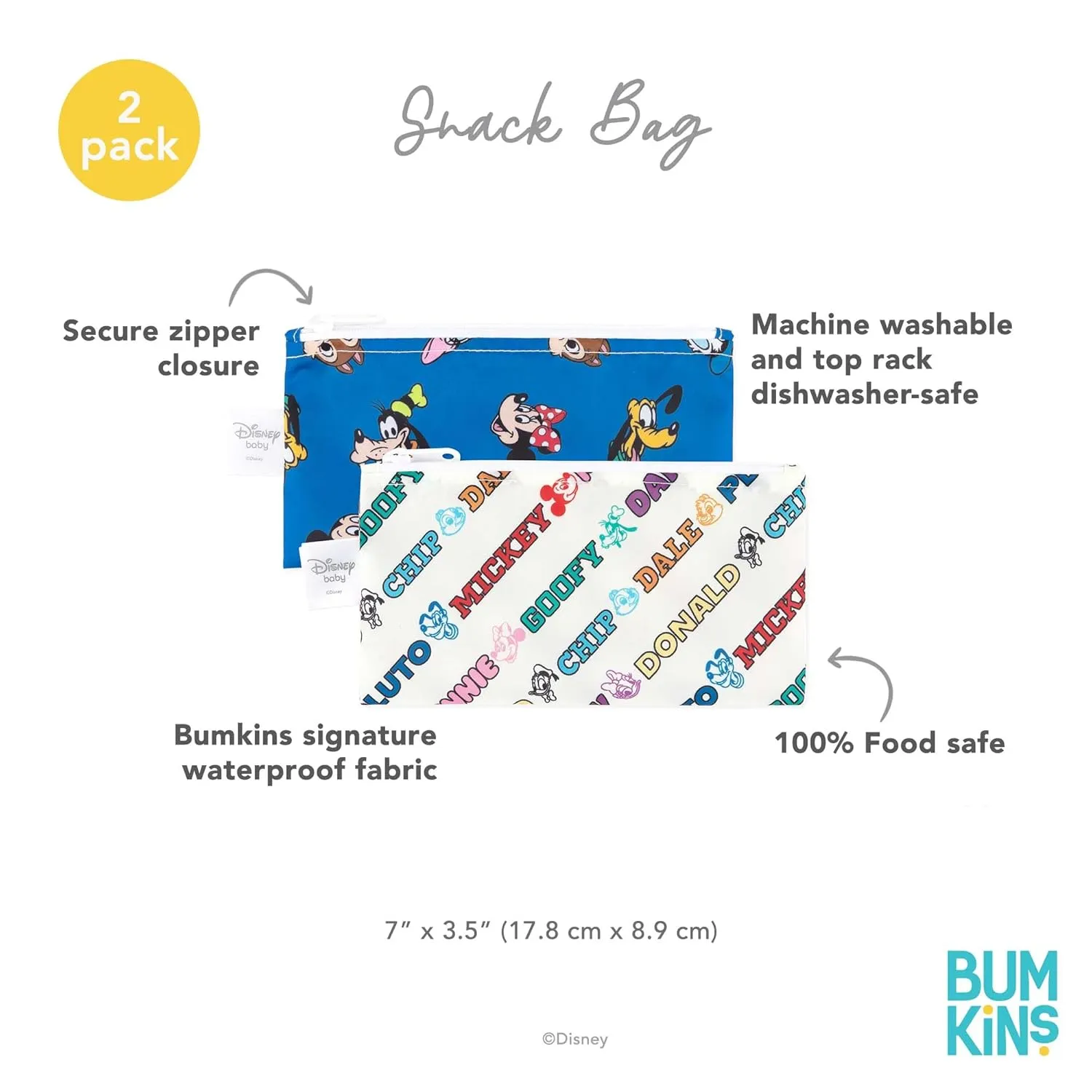 Bumkins Disney Reusable Snack Bags, for Kids School Lunch and for Adults Portion, Washable Fabric, Waterproof Cloth Zip Bag, Supplies Travel Pouch, Food-Safe Storage, 2-pk Mickey and Friends