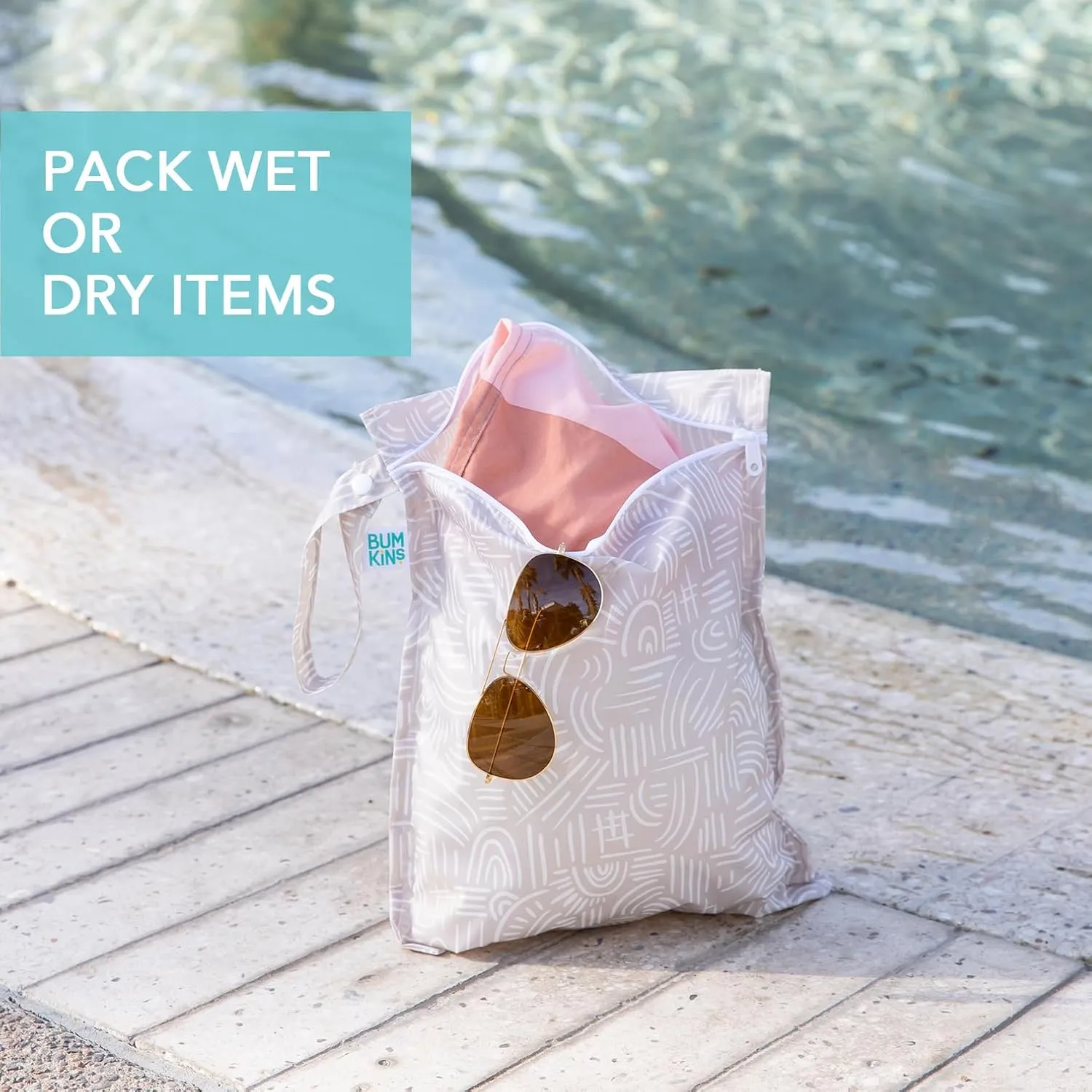 Bumkins Waterproof Wet Bag and Packing Pouches, TSA Airline Compliant, Pack for Baby, Travel, Swim Suit, Cloth Diapers, Pump Parts, Pool, Gym Clothes, Toiletry, Daycare, Zip Bag, 5-pc Set Boho Beige