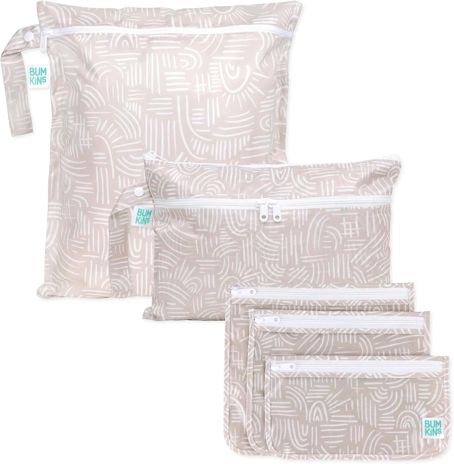Bumkins Waterproof Wet Bag and Packing Pouches, TSA Airline Compliant, Pack for Baby, Travel, Swim Suit, Cloth Diapers, Pump Parts, Pool, Gym Clothes, Toiletry, Daycare, Zip Bag, 5-pc Set Boho Beige