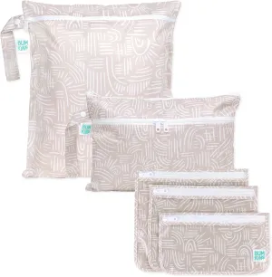 Bumkins Waterproof Wet Bag and Packing Pouches, TSA Airline Compliant, Pack for Baby, Travel, Swim Suit, Cloth Diapers, Pump Parts, Pool, Gym Clothes, Toiletry, Daycare, Zip Bag, 5-pc Set Boho Beige