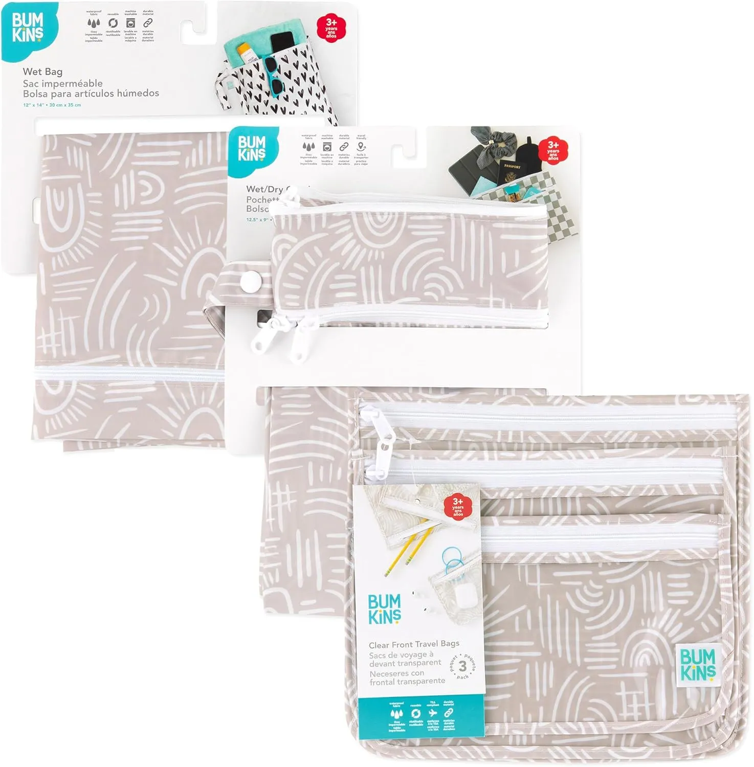 Bumkins Waterproof Wet Bag and Packing Pouches, TSA Airline Compliant, Pack for Baby, Travel, Swim Suit, Cloth Diapers, Pump Parts, Pool, Gym Clothes, Toiletry, Daycare, Zip Bag, 5-pc Set Boho Beige
