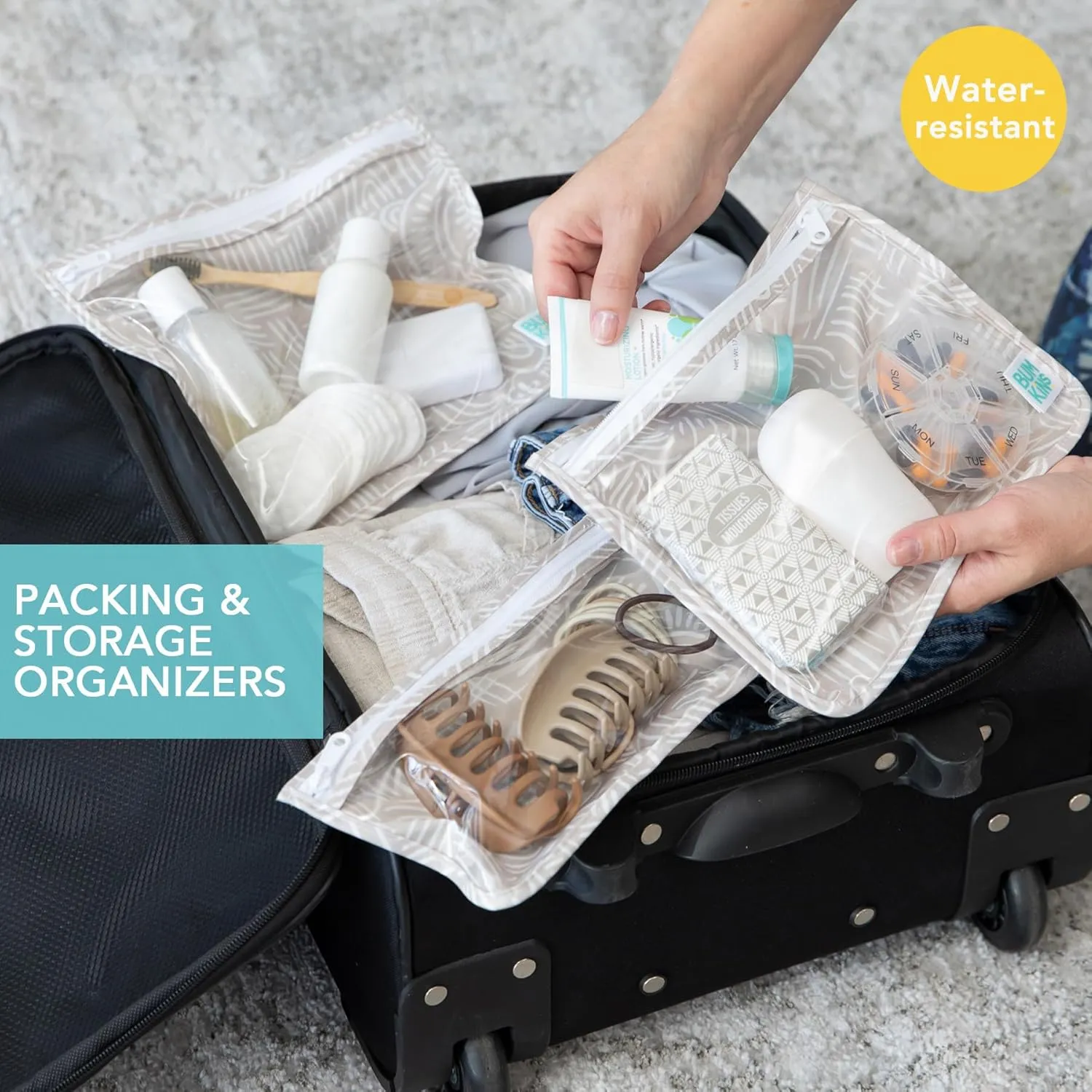 Bumkins Waterproof Wet Bag and Packing Pouches, TSA Airline Compliant, Pack for Baby, Travel, Swim Suit, Cloth Diapers, Pump Parts, Pool, Gym Clothes, Toiletry, Daycare, Zip Bag, 5-pc Set Boho Beige
