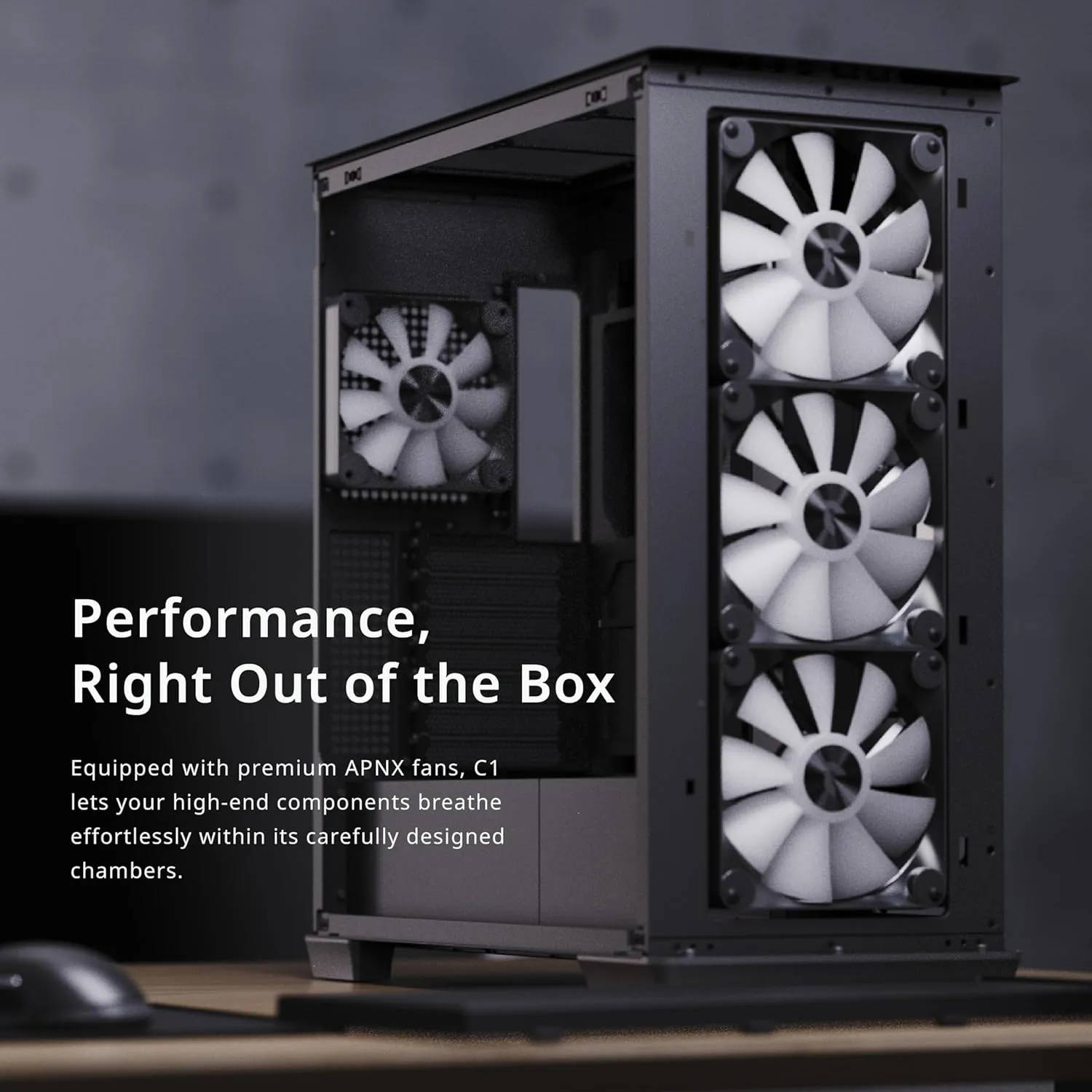 C1 Mid-Tower ATX White PC Case, 4 Included High Airflow APNX FP1 ARGB Fans, up to 11 Total Fan Slots, Top and Side 360mm Liquid Cooler Support, 5-Port PWM ARGB Control Hub