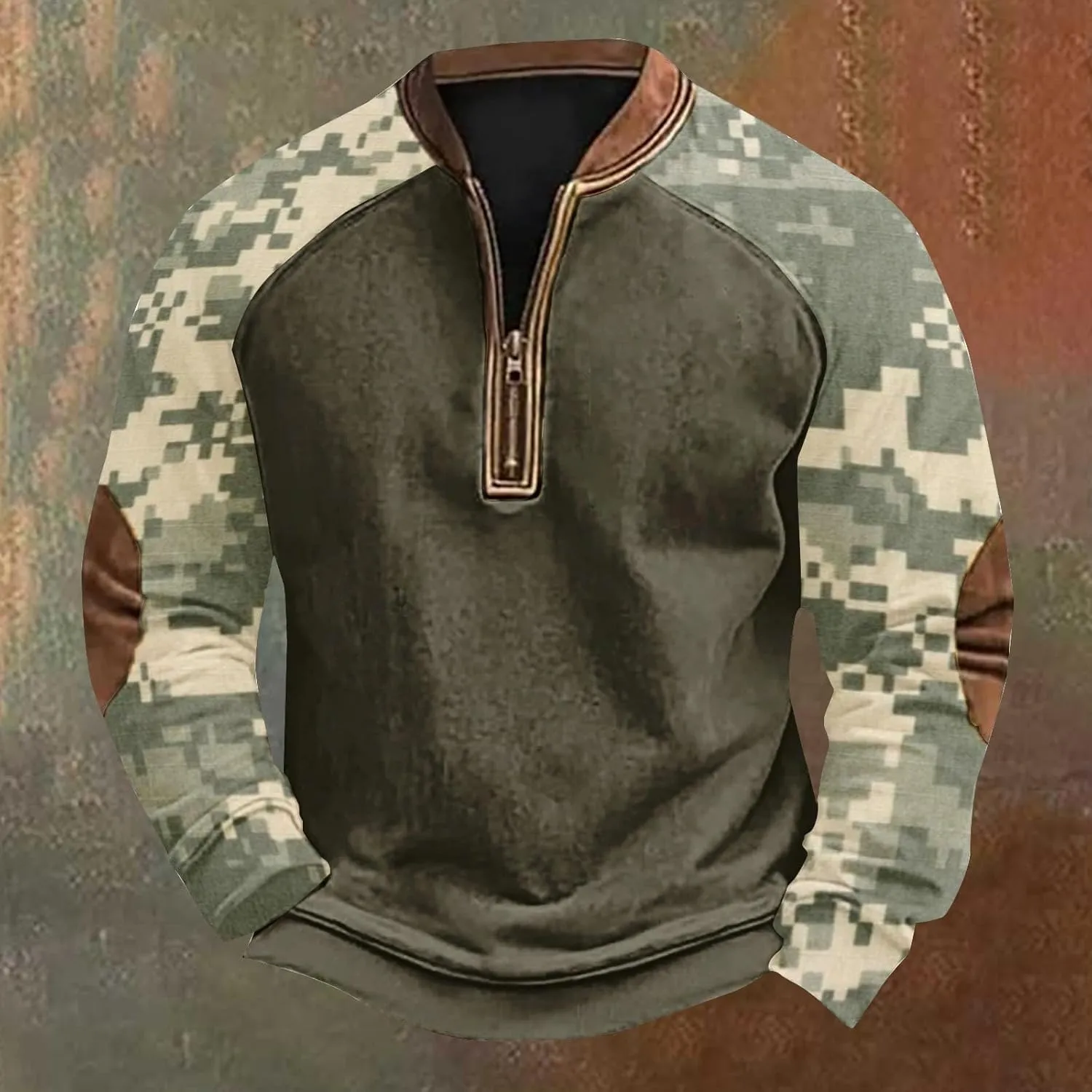 Camo Sweatshirts for Men Quarter Zip Raglan Sleeve Henley Neck Camouflage Vintage Western Pullover Tactical Shirts