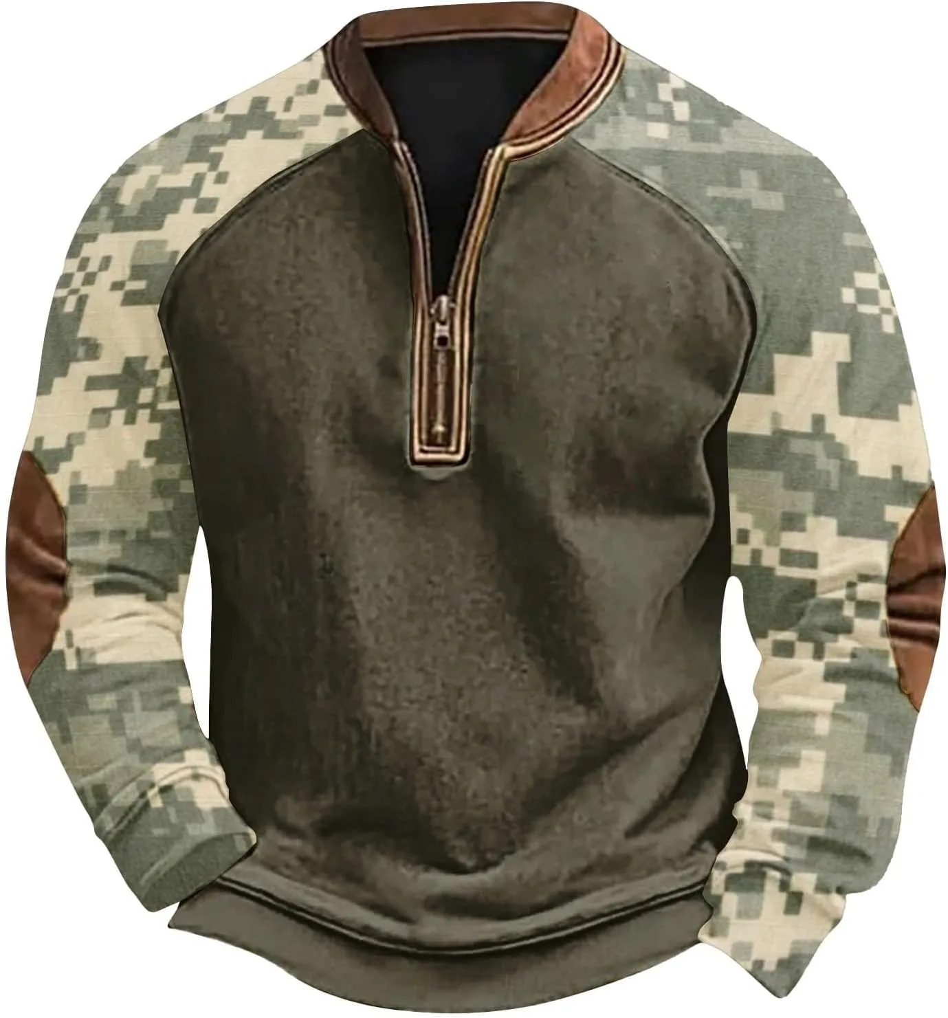 Camo Sweatshirts for Men Quarter Zip Raglan Sleeve Henley Neck Camouflage Vintage Western Pullover Tactical Shirts