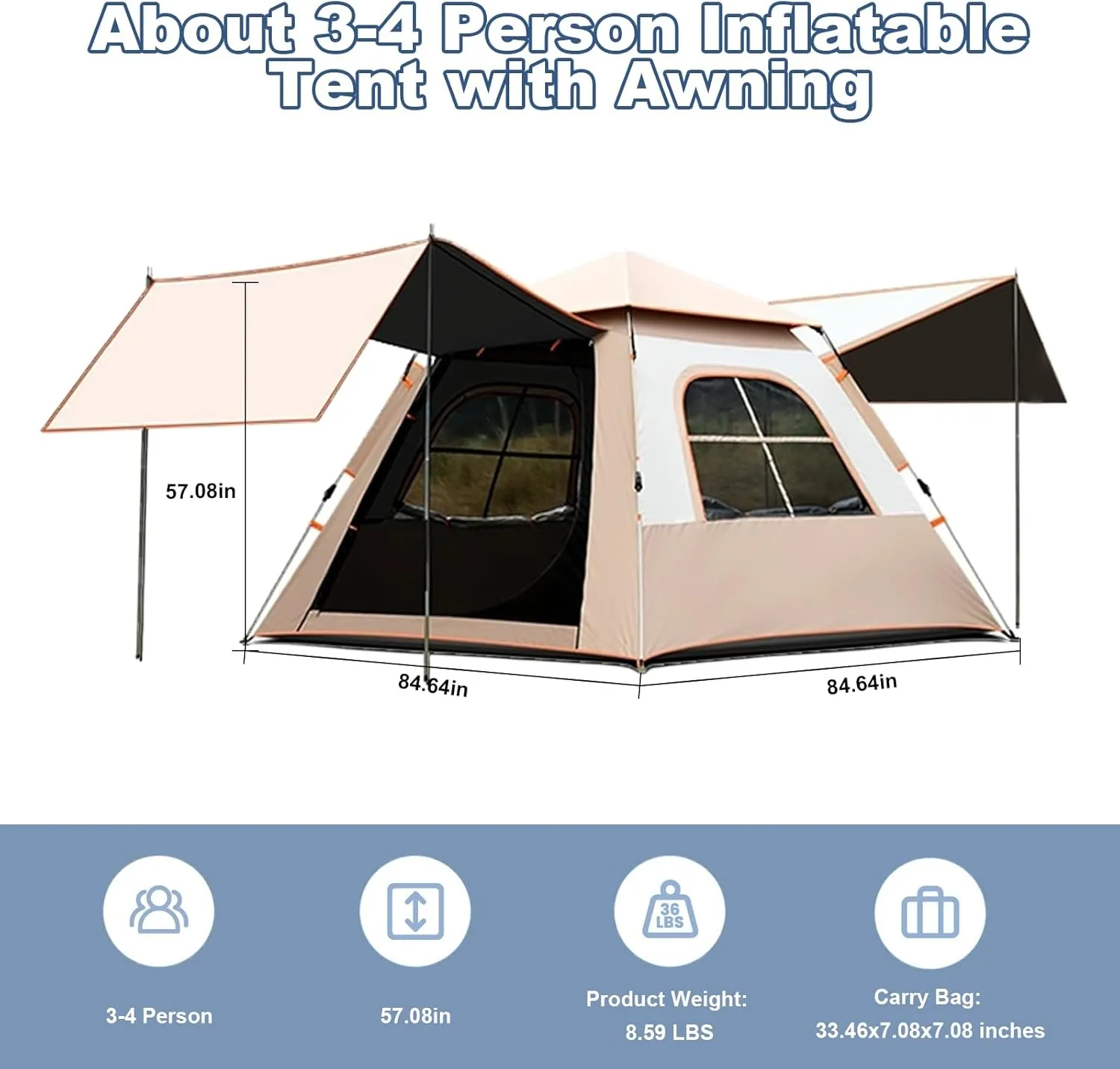 Camping Tents with 2 Door and 2 Large Mesh Window, Easy Set Up Waterproof Tents for Camping, Family Picnic Hiking Portable Tents