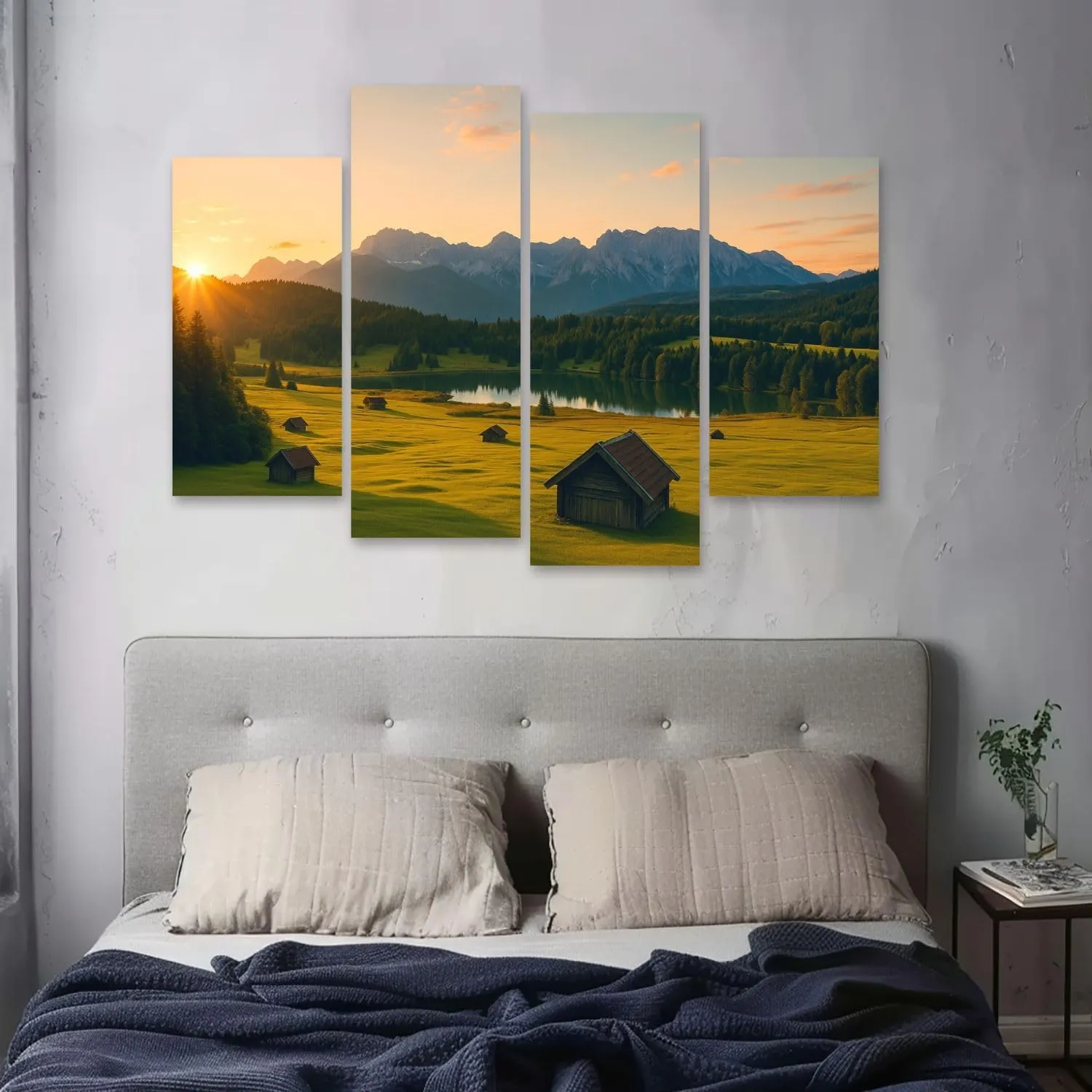 Canvas Wall Art Prints Pictures Magic Sunrise Alpine Lake Geroldsee view to mount Karwendel Garmisch Framed Posters Modern Wall Painting Artwork Gift Home Decor for Living Room Ready to Hang 4 Panel