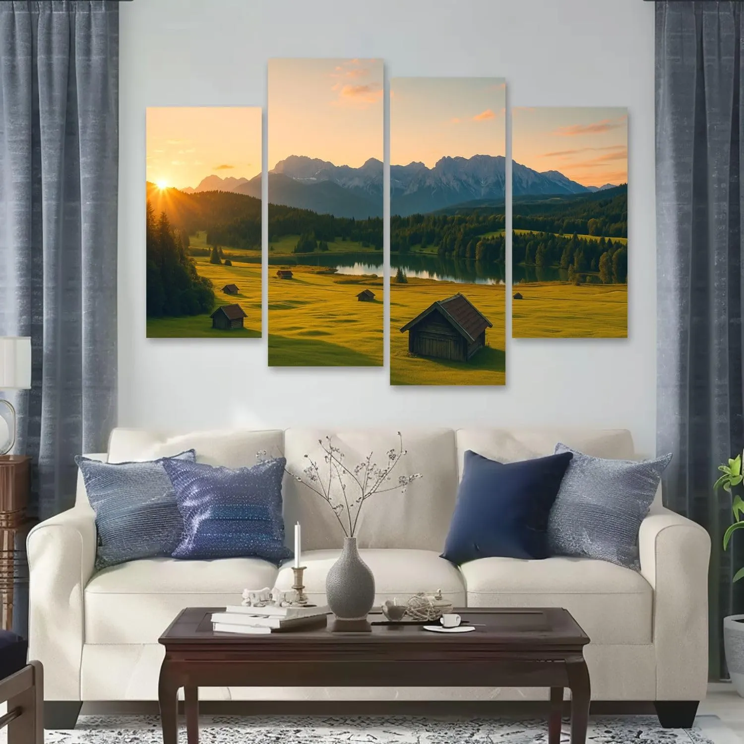 Canvas Wall Art Prints Pictures Magic Sunrise Alpine Lake Geroldsee view to mount Karwendel Garmisch Framed Posters Modern Wall Painting Artwork Gift Home Decor for Living Room Ready to Hang 4 Panel