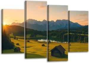 Canvas Wall Art Prints Pictures Magic Sunrise Alpine Lake Geroldsee view to mount Karwendel Garmisch Framed Posters Modern Wall Painting Artwork Gift Home Decor for Living Room Ready to Hang 4 Panel