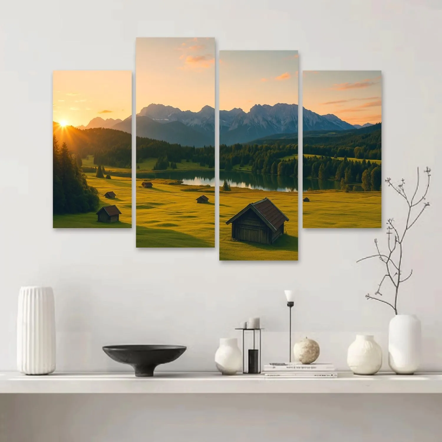 Canvas Wall Art Prints Pictures Magic Sunrise Alpine Lake Geroldsee view to mount Karwendel Garmisch Framed Posters Modern Wall Painting Artwork Gift Home Decor for Living Room Ready to Hang 4 Panel