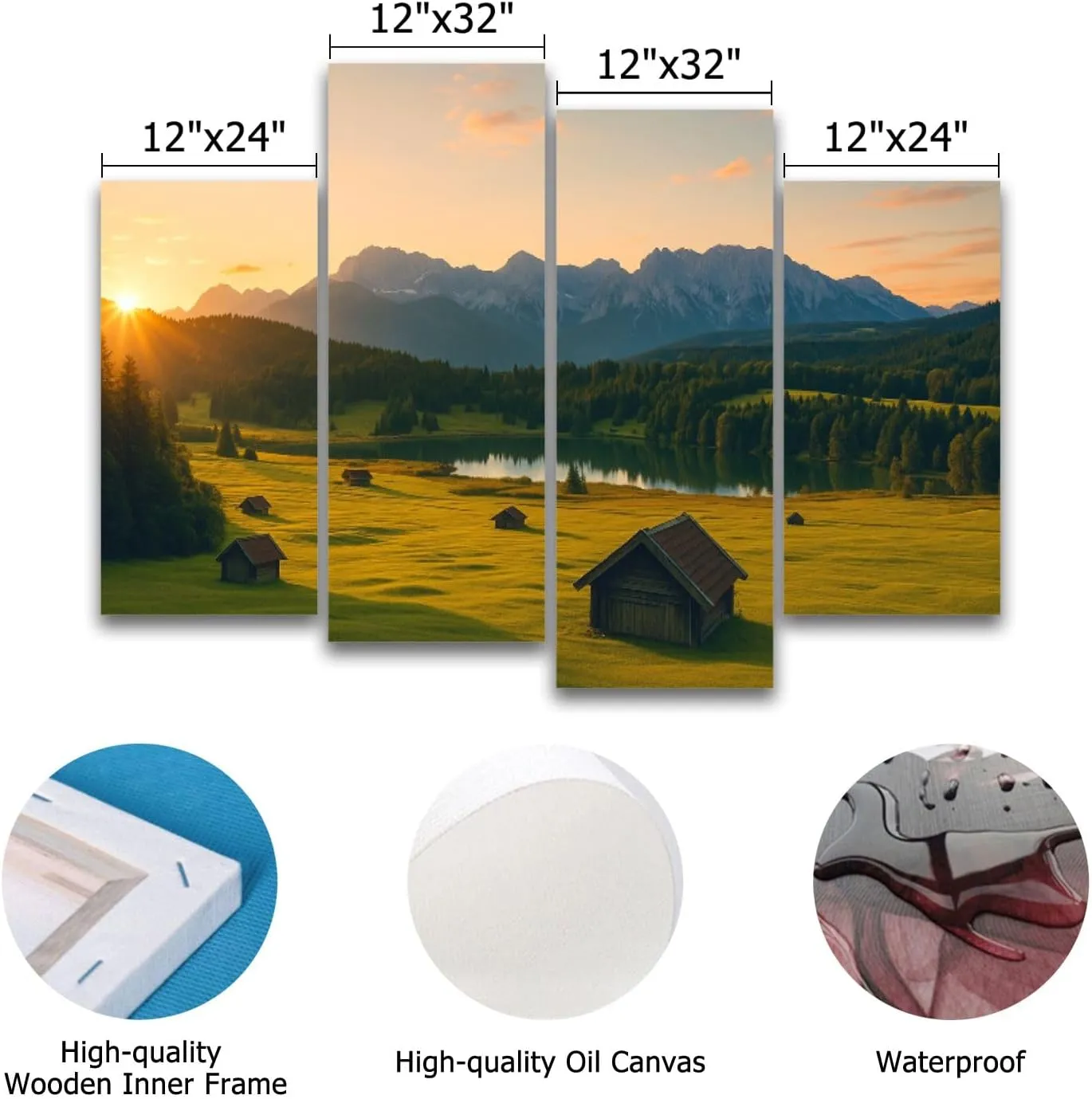 Canvas Wall Art Prints Pictures Magic Sunrise Alpine Lake Geroldsee view to mount Karwendel Garmisch Framed Posters Modern Wall Painting Artwork Gift Home Decor for Living Room Ready to Hang 4 Panel