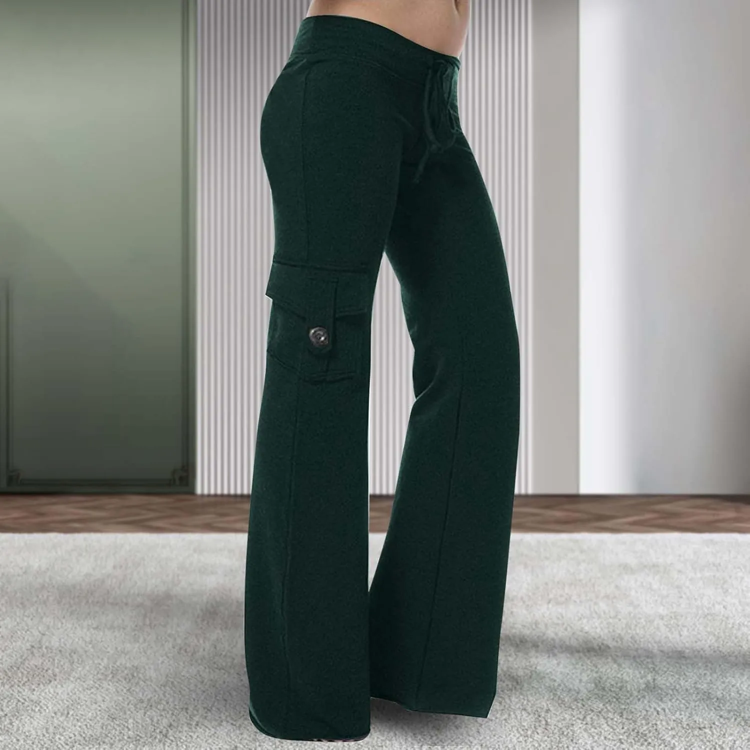 Cargo Pants for Women Bootcut Yoga Pants Wide Leg Sweatpants Plus Size Workout Hiking Trousers with Button Pockets