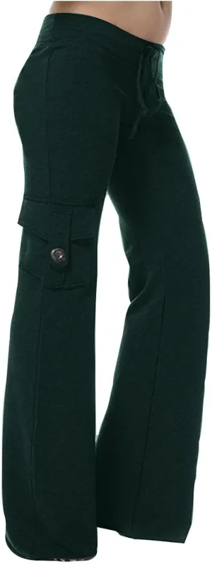 Cargo Pants for Women Bootcut Yoga Pants Wide Leg Sweatpants Plus Size Workout Hiking Trousers with Button Pockets