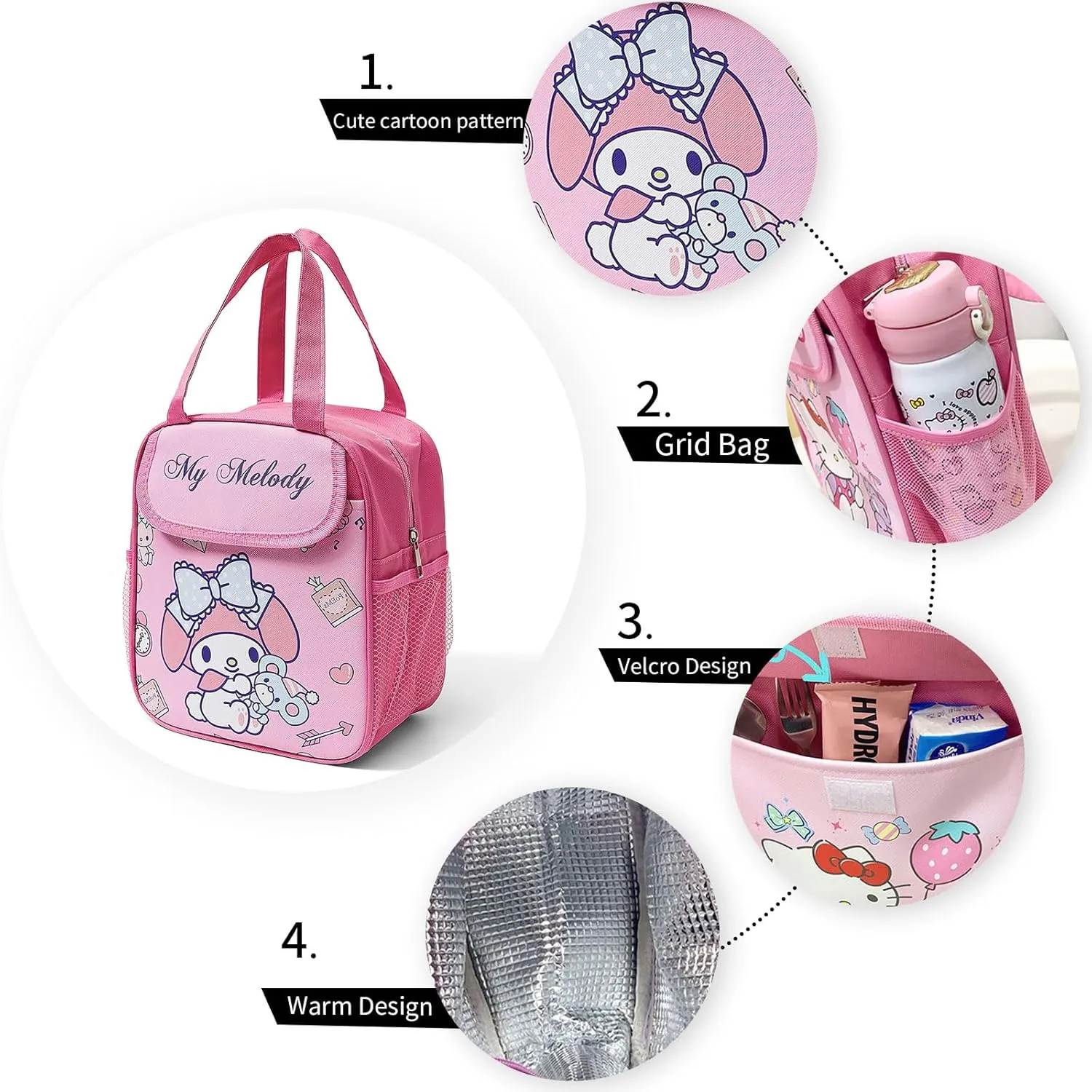 Cartoon Insulated Lunch Bags,Reusable Insulated Lunch Box, Leakproof Lunch Tote Bag, Easy To Clean Picnic Box Bento Bag, for Women Men Office Hiking Outdoor (Pink)
