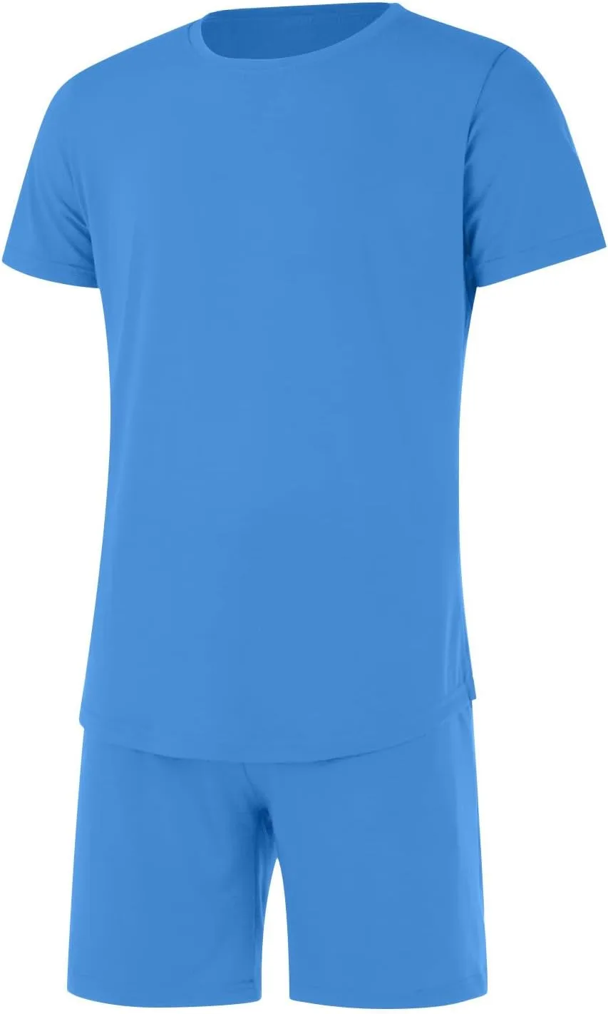 Casual 2 Piece Tracksuits for Men Slim Fit Crewneck Short Sleeve Shirt and Drawstring Shorts Sets Solid Curved Hem Outfits