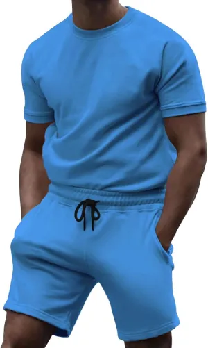 Casual 2 Piece Tracksuits for Men Slim Fit Crewneck Short Sleeve Shirt and Drawstring Shorts Sets Solid Curved Hem Outfits