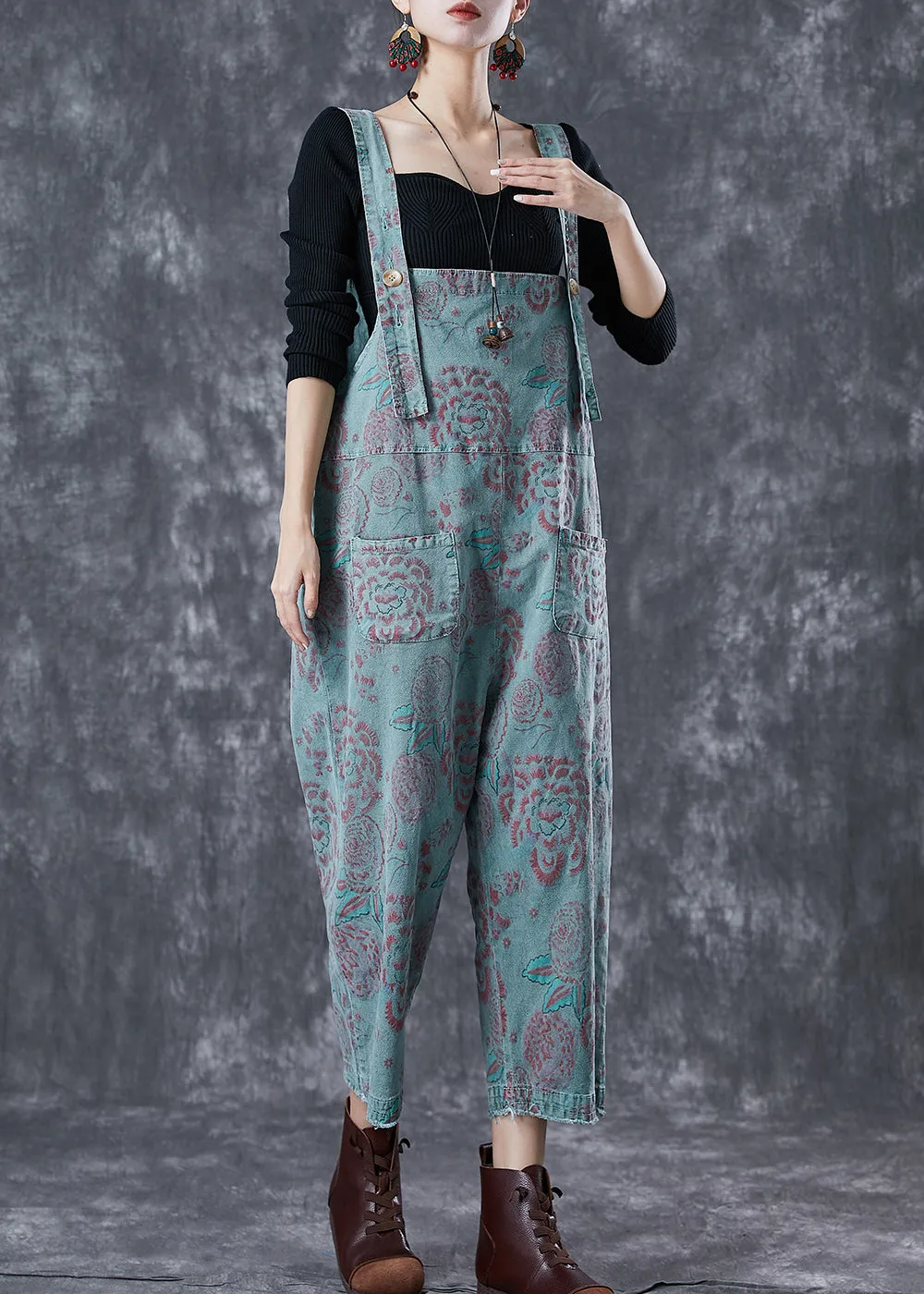 Casual Blue Oversized Print Denim Jumpsuits