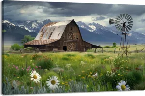 CCKOPPI Country Canvas Wall Art, Old Farmhouse Barn and Windmill with Mountains Painting Poster Modern Rustic Scenery Picture Print for Living Room Dining Room Decor(Artwork-03, 30"x20")