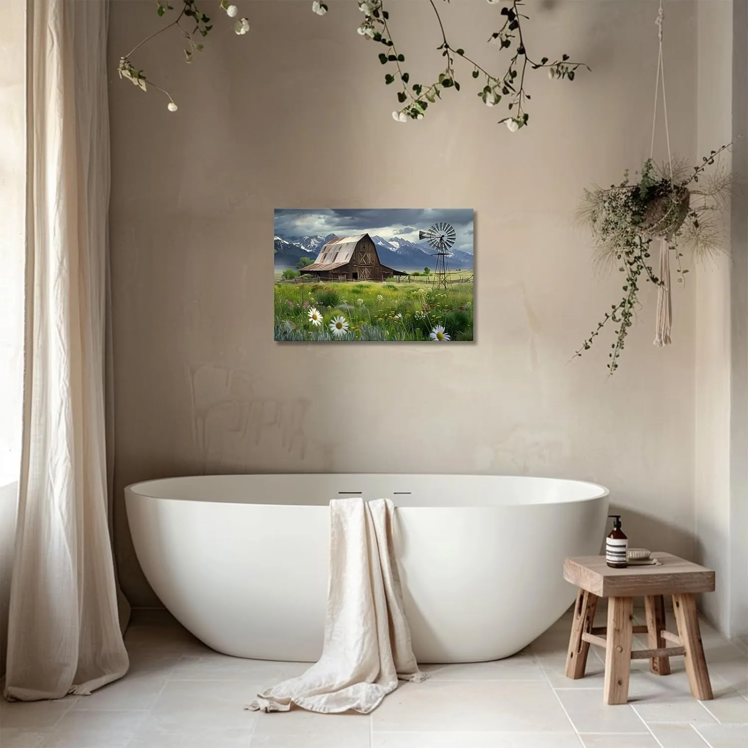CCKOPPI Country Canvas Wall Art, Old Farmhouse Barn and Windmill with Mountains Painting Poster Modern Rustic Scenery Picture Print for Living Room Dining Room Decor(Artwork-03, 30"x20")