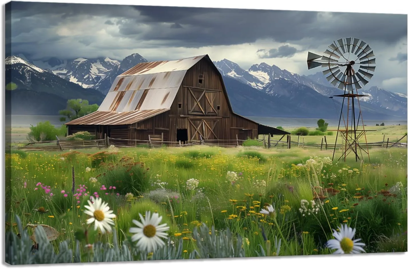 CCKOPPI Country Canvas Wall Art, Old Farmhouse Barn and Windmill with Mountains Painting Poster Modern Rustic Scenery Picture Print for Living Room Dining Room Decor(Artwork-03, 30"x20")