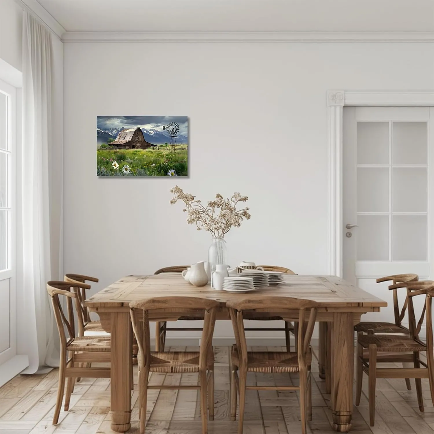 CCKOPPI Country Canvas Wall Art, Old Farmhouse Barn and Windmill with Mountains Painting Poster Modern Rustic Scenery Picture Print for Living Room Dining Room Decor(Artwork-03, 30"x20")