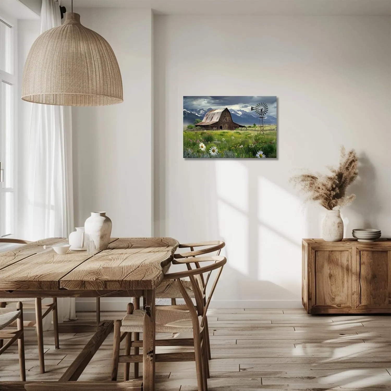 CCKOPPI Country Canvas Wall Art, Old Farmhouse Barn and Windmill with Mountains Painting Poster Modern Rustic Scenery Picture Print for Living Room Dining Room Decor(Artwork-03, 30"x20")