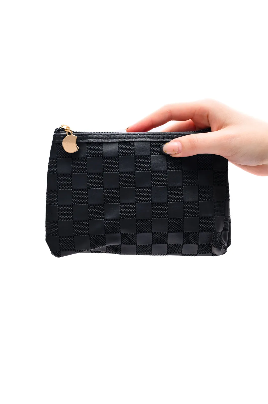 Checked Cosmetic Bag Set - Black, Vegan Leather, Travel Organizer