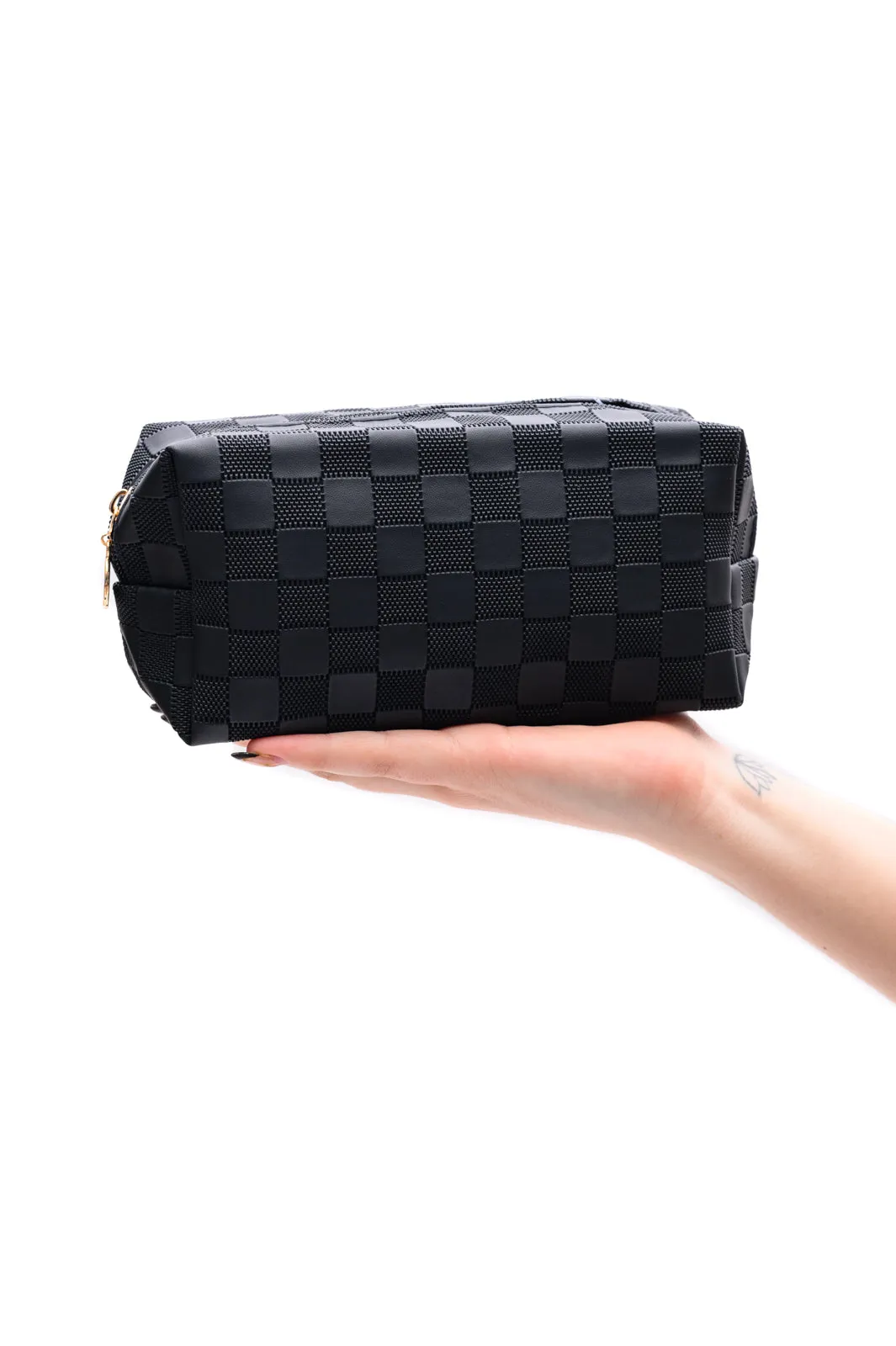 Checked Cosmetic Bag Set - Black, Vegan Leather, Travel Organizer