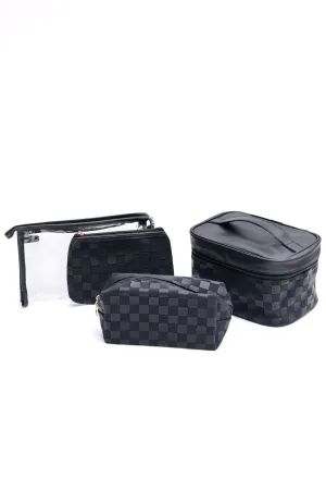 Checked Cosmetic Bag Set - Black, Vegan Leather, Travel Organizer