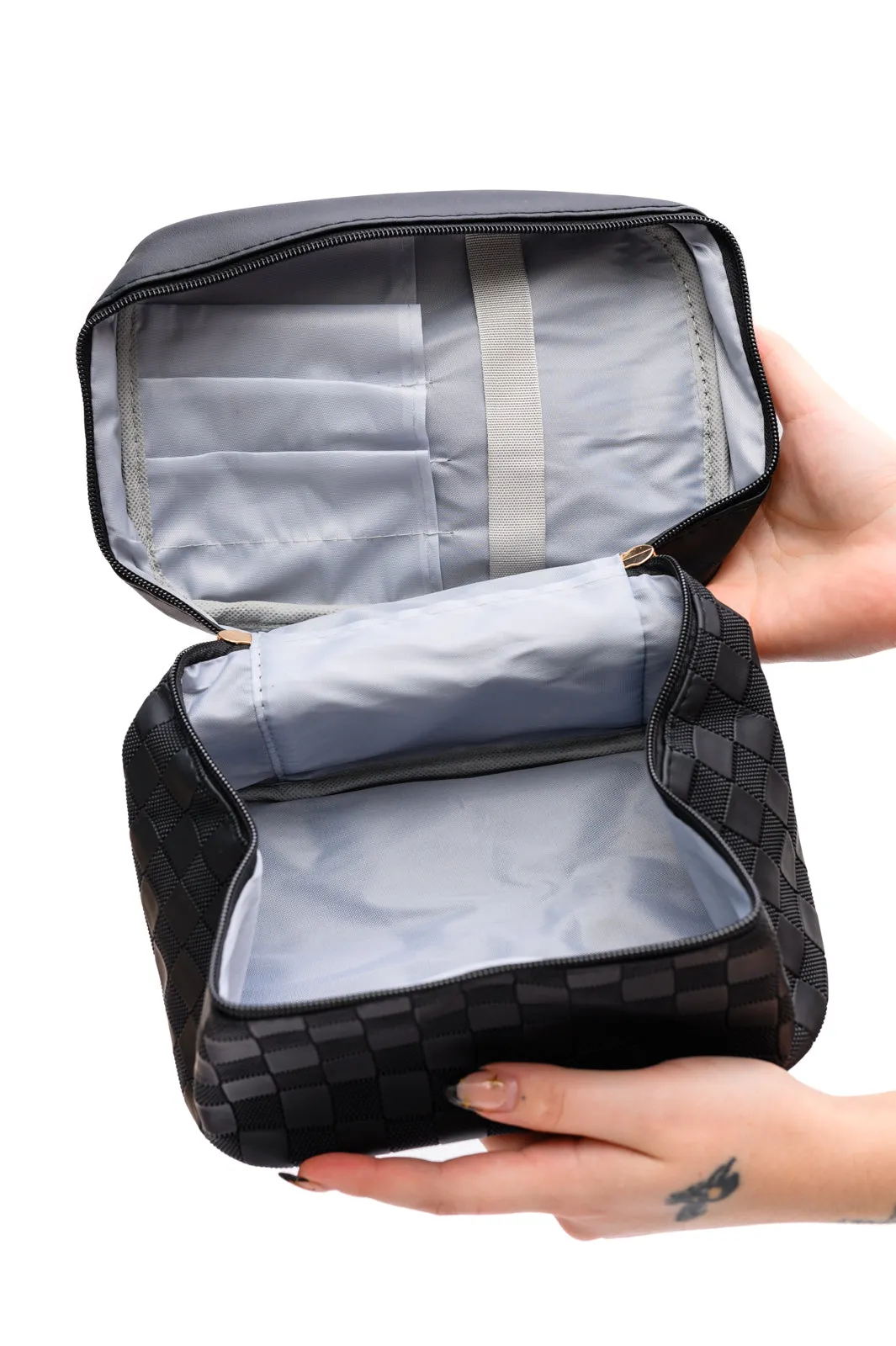 Checked Cosmetic Bag Set - Black, Vegan Leather, Travel Organizer