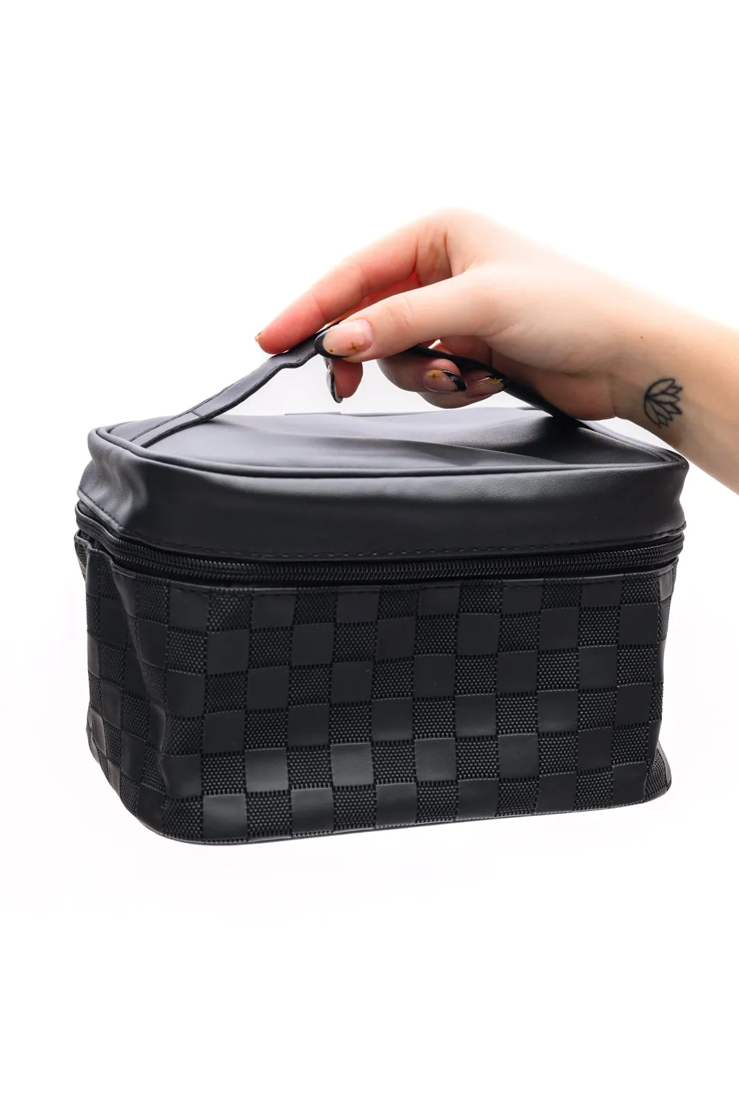 Checked Cosmetic Bag Set - Black, Vegan Leather, Travel Organizer