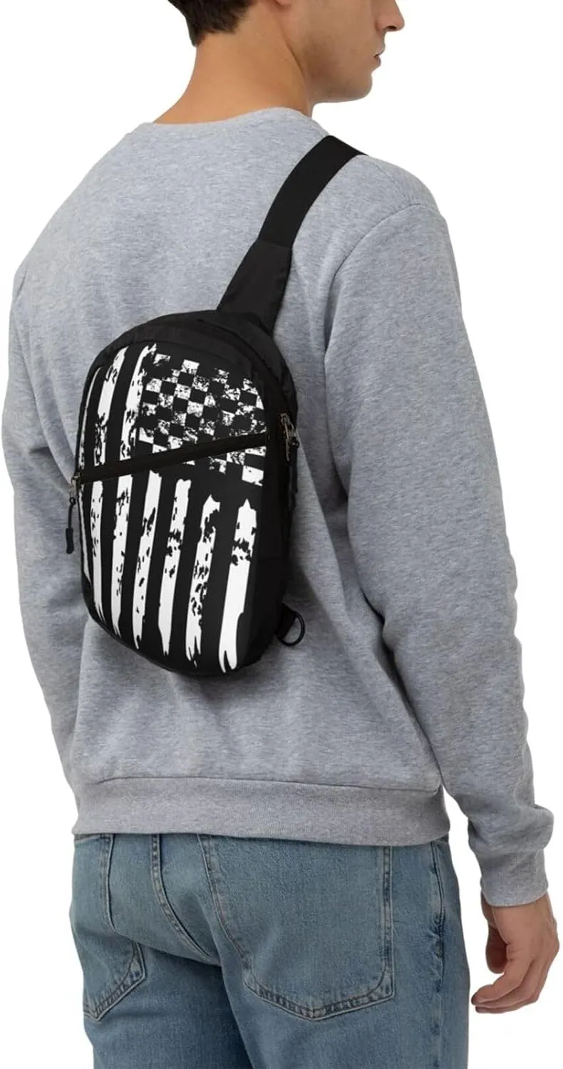 Checkered American Flag Racing Portable Sling Bags Packable Crossbody Bag Foldable Sport Daypack Reusable Shoulder Backpack Diagonally Chest Bag for Workout Travel