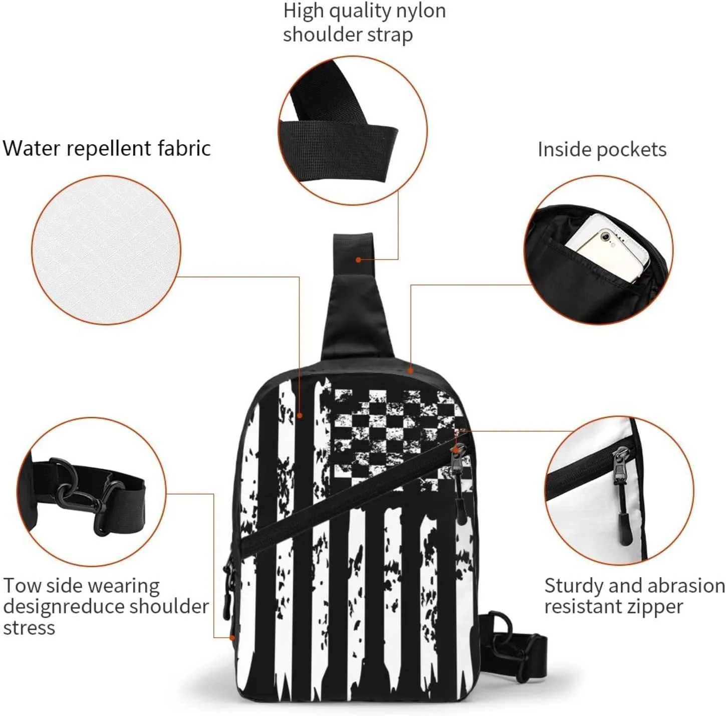 Checkered American Flag Racing Portable Sling Bags Packable Crossbody Bag Foldable Sport Daypack Reusable Shoulder Backpack Diagonally Chest Bag for Workout Travel