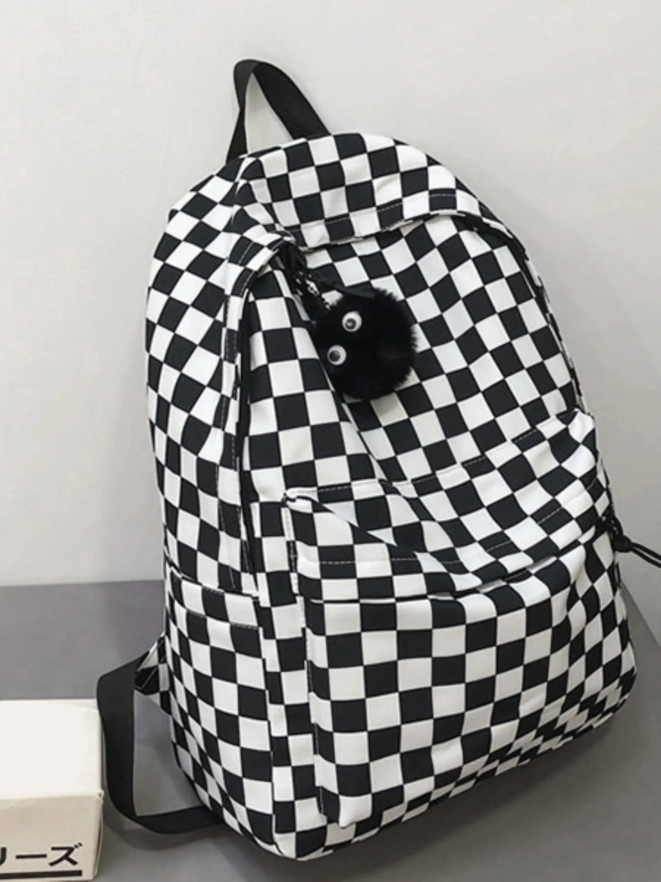 Checkered Backpack with Fun Pom-Pom Charm