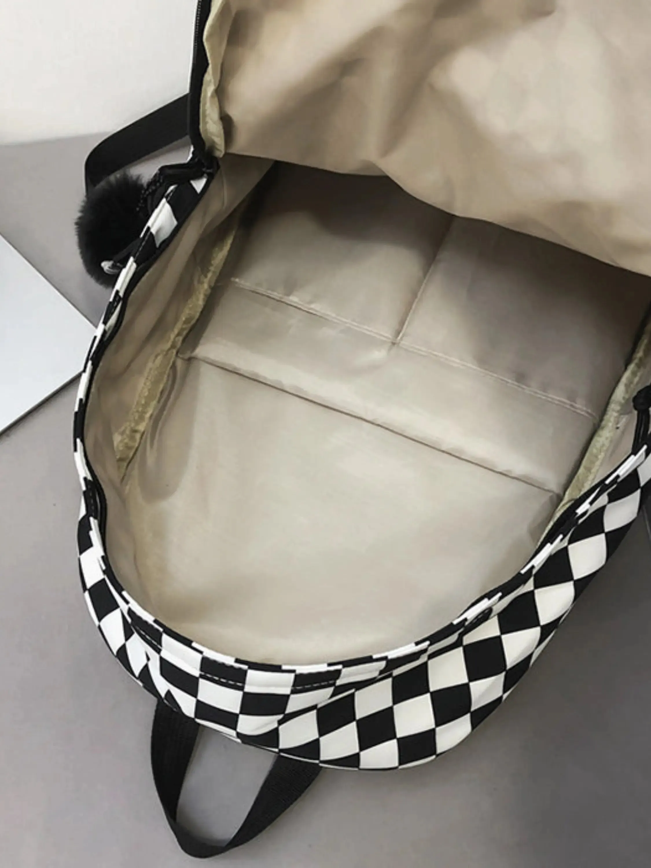 Checkered Backpack with Fun Pom-Pom Charm