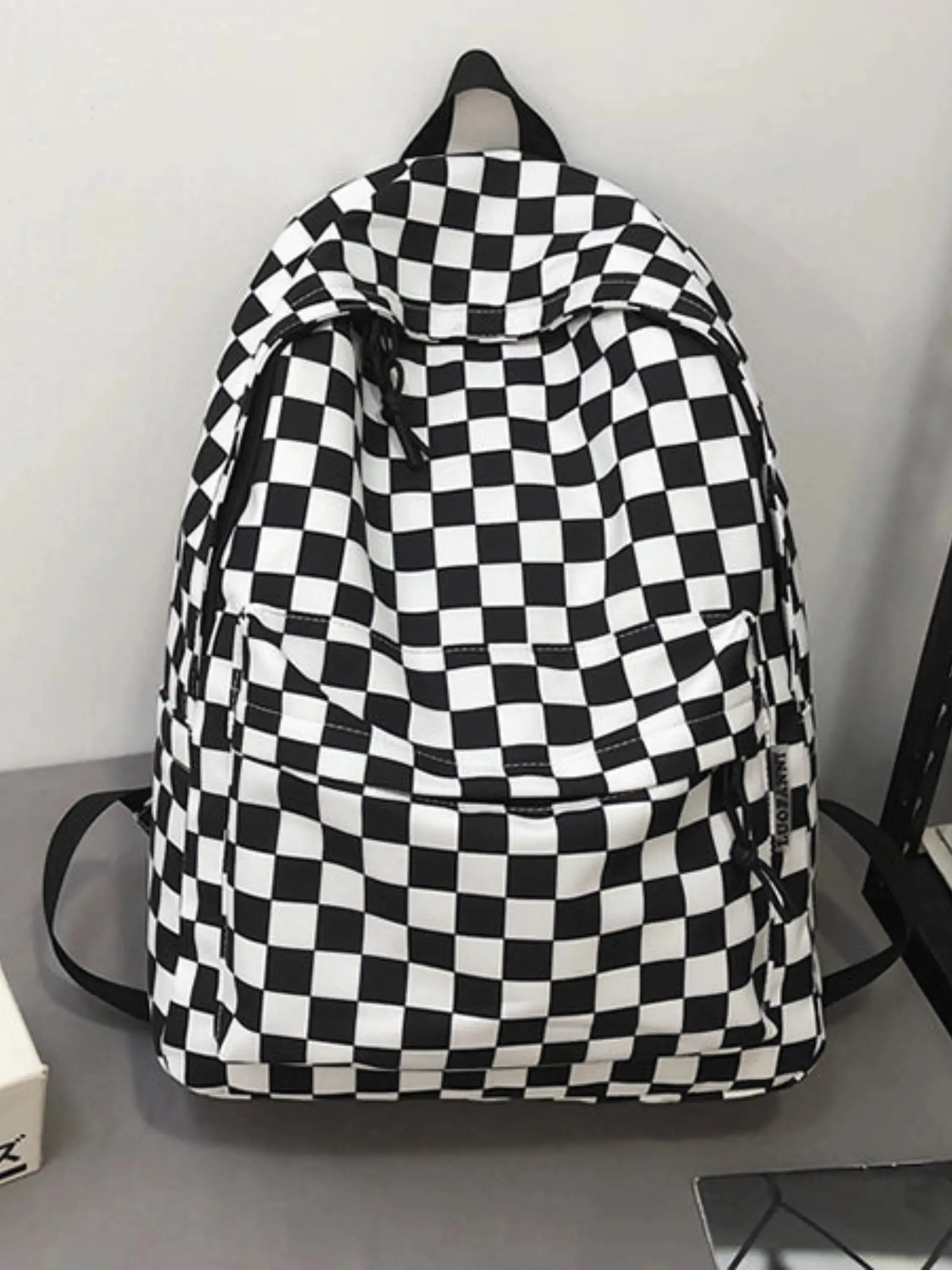 Checkered Backpack with Fun Pom-Pom Charm