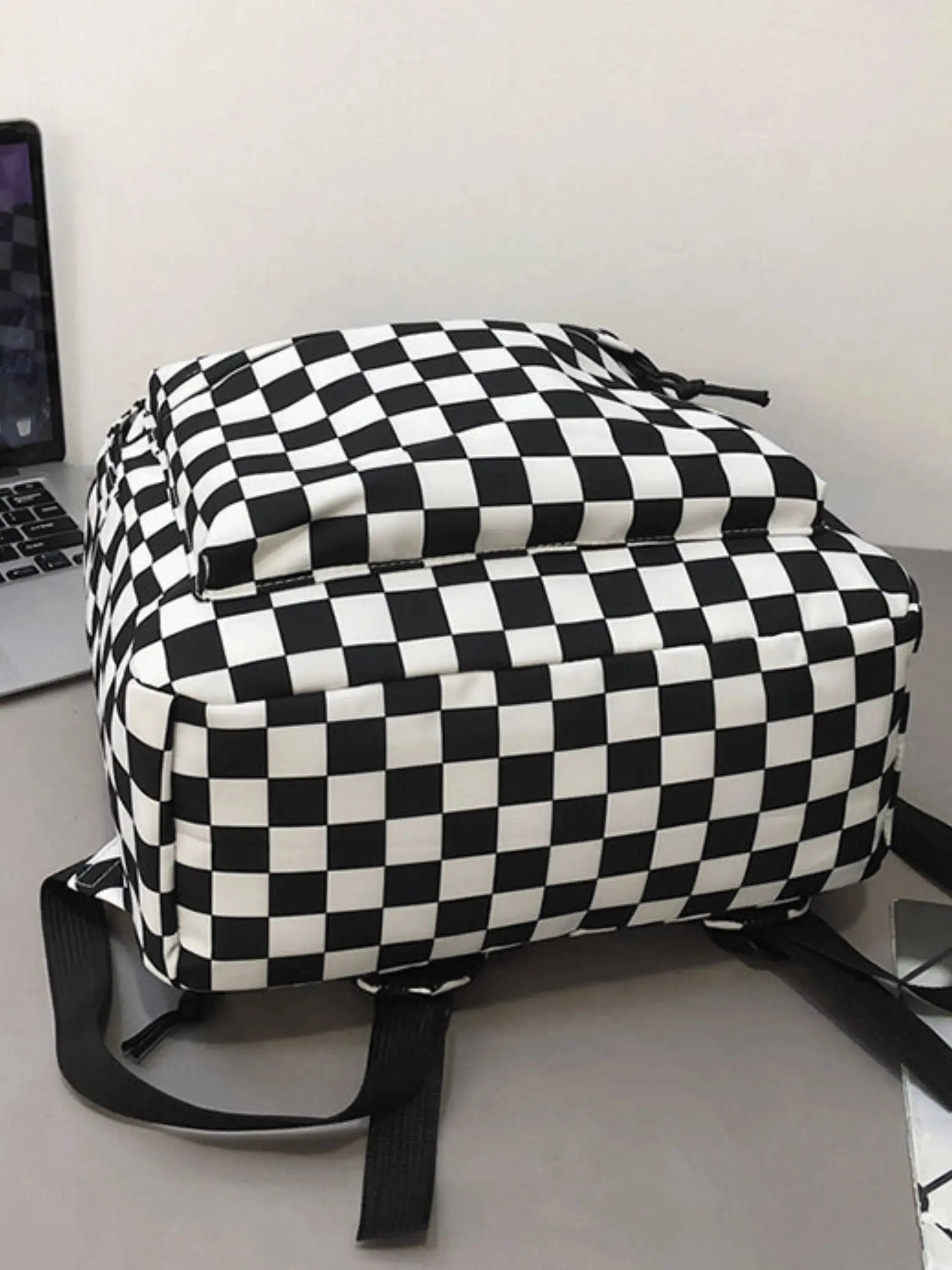 Checkered Backpack with Fun Pom-Pom Charm