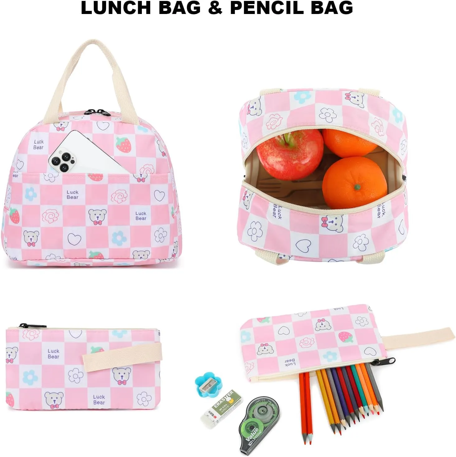 Checkered Bear School Backpack for Teen Girls, 3-in-1 Kids Backpack Bookbag Set School Bags with Lunch Box Pencil Case (Pink)