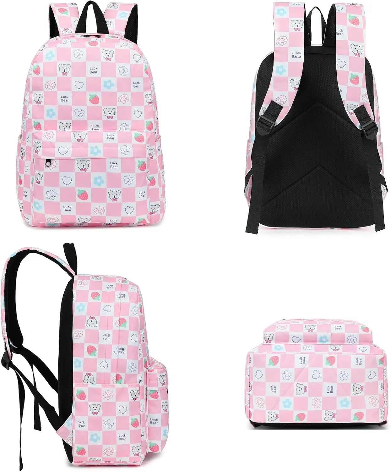 Checkered Bear School Backpack for Teen Girls, 3-in-1 Kids Backpack Bookbag Set School Bags with Lunch Box Pencil Case (Pink)