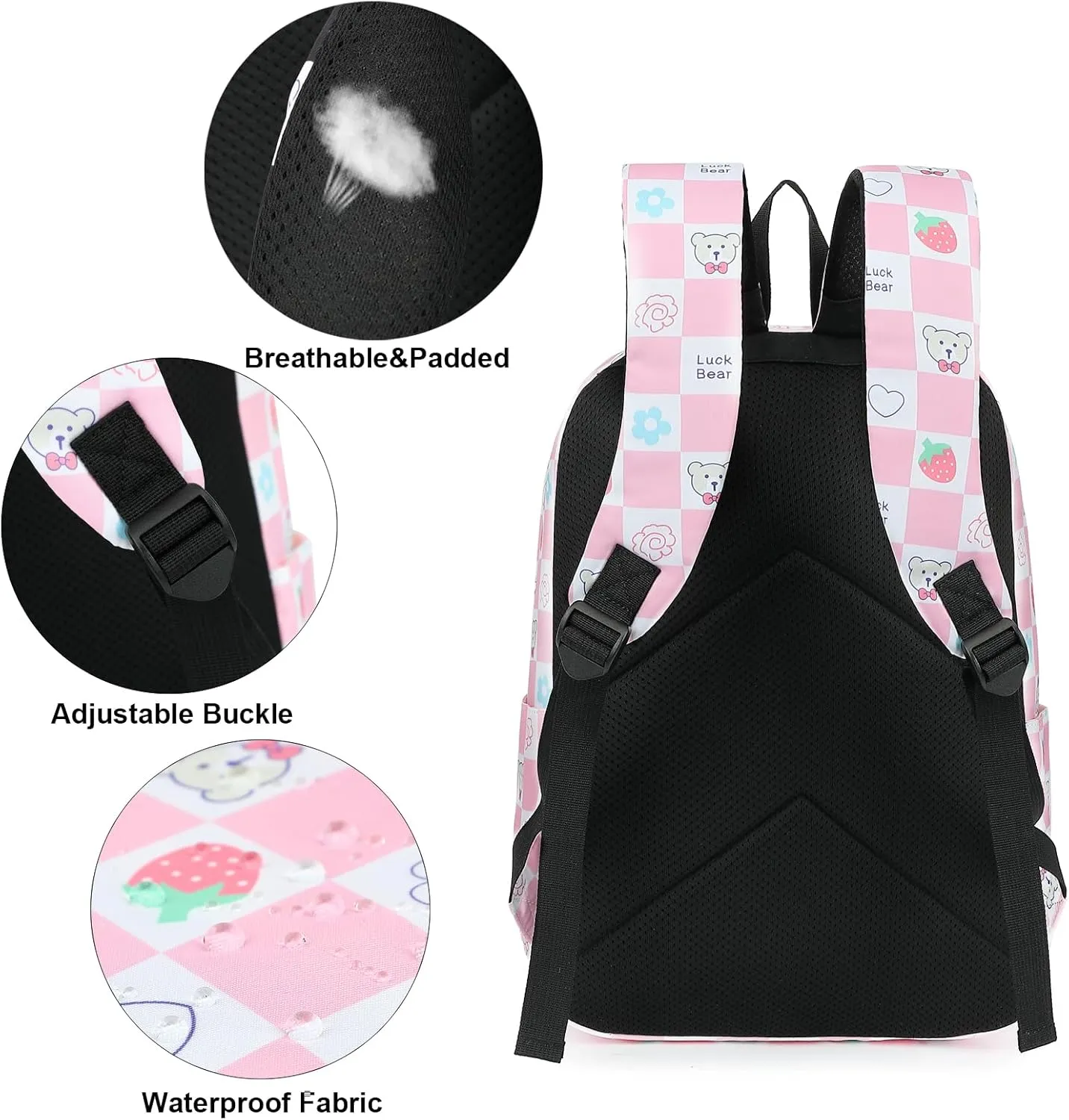 Checkered Bear School Backpack for Teen Girls, 3-in-1 Kids Backpack Bookbag Set School Bags with Lunch Box Pencil Case (Pink)