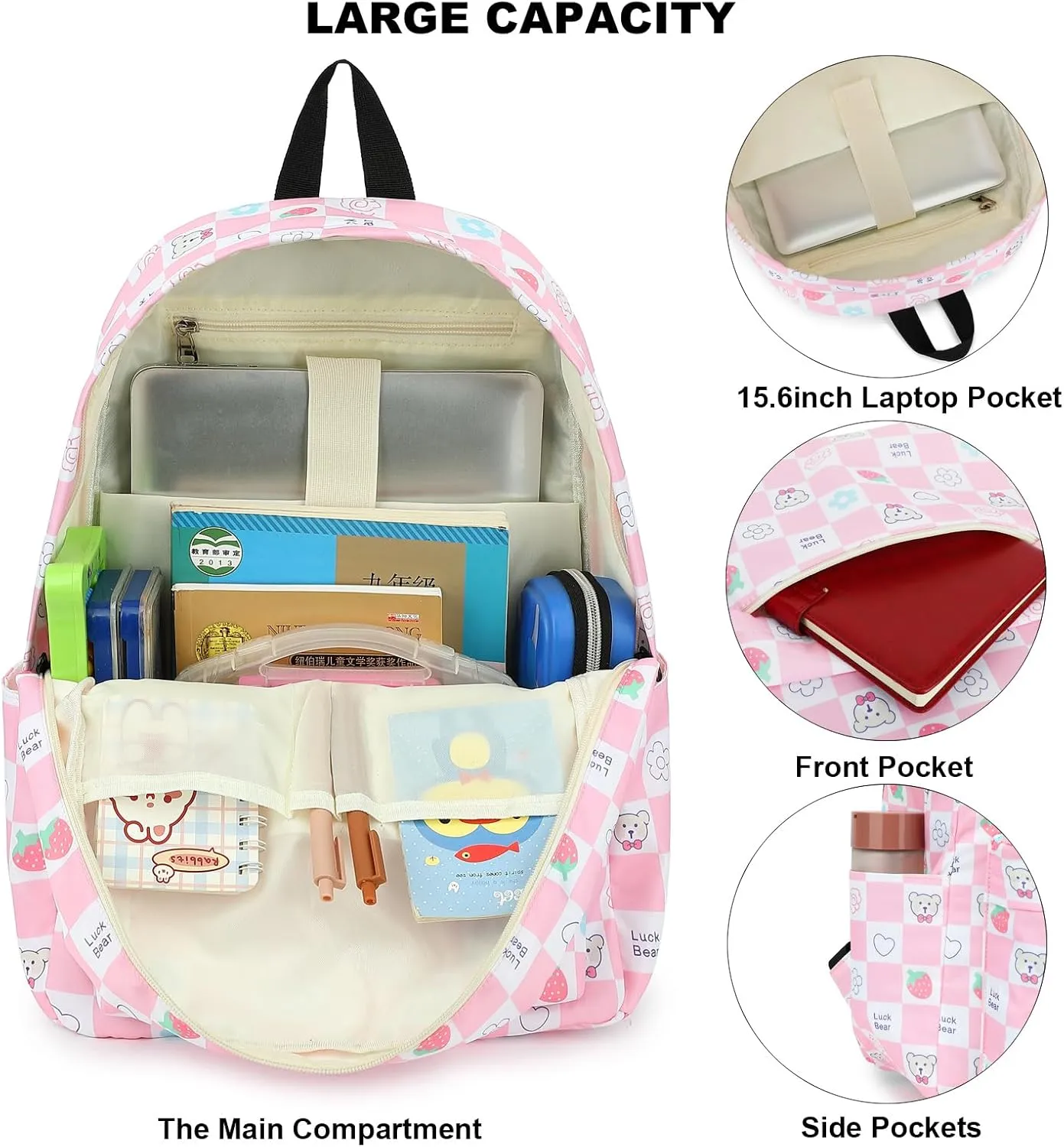 Checkered Bear School Backpack for Teen Girls, 3-in-1 Kids Backpack Bookbag Set School Bags with Lunch Box Pencil Case (Pink)