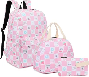 Checkered Bear School Backpack for Teen Girls, 3-in-1 Kids Backpack Bookbag Set School Bags with Lunch Box Pencil Case (Pink)