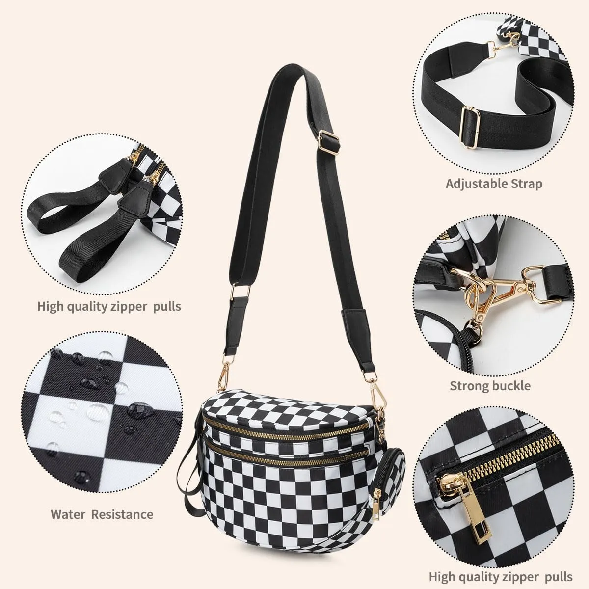 Checkered Bum Bag Crossbody, Black and White Checkered Crossbody Bag, Fanny Pack for Women with Adjustable Strap (A)