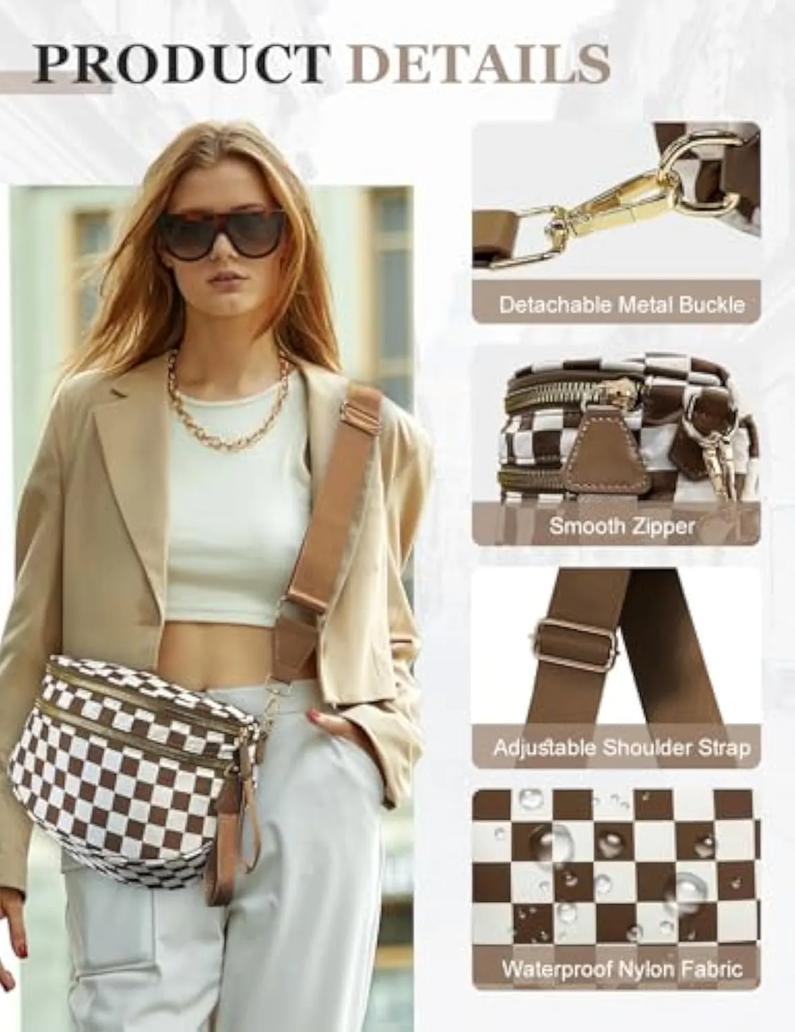 Checkered Bum Bag Crossbody, Black and White Checkered Crossbody Bag, Fanny Pack for Women with Adjustable Strap (A)