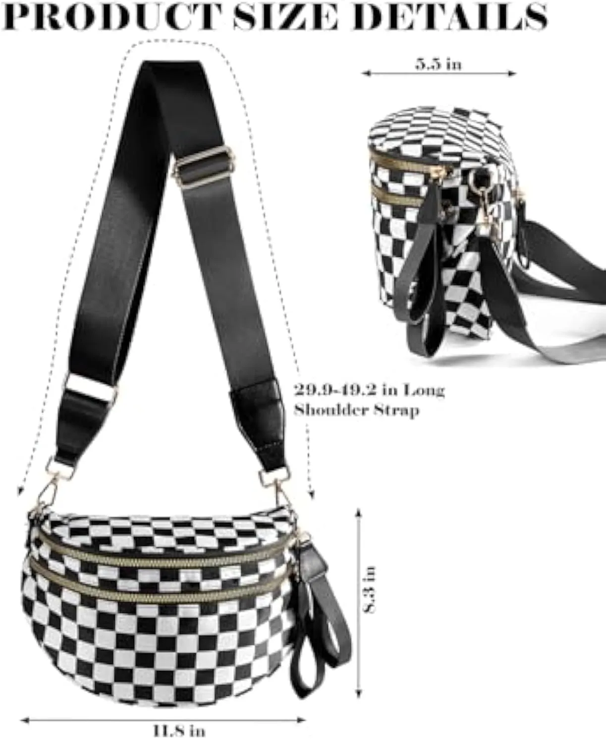 Checkered Bum Bag Crossbody, Black and White Checkered Crossbody Bag, Fanny Pack for Women with Adjustable Strap (A)