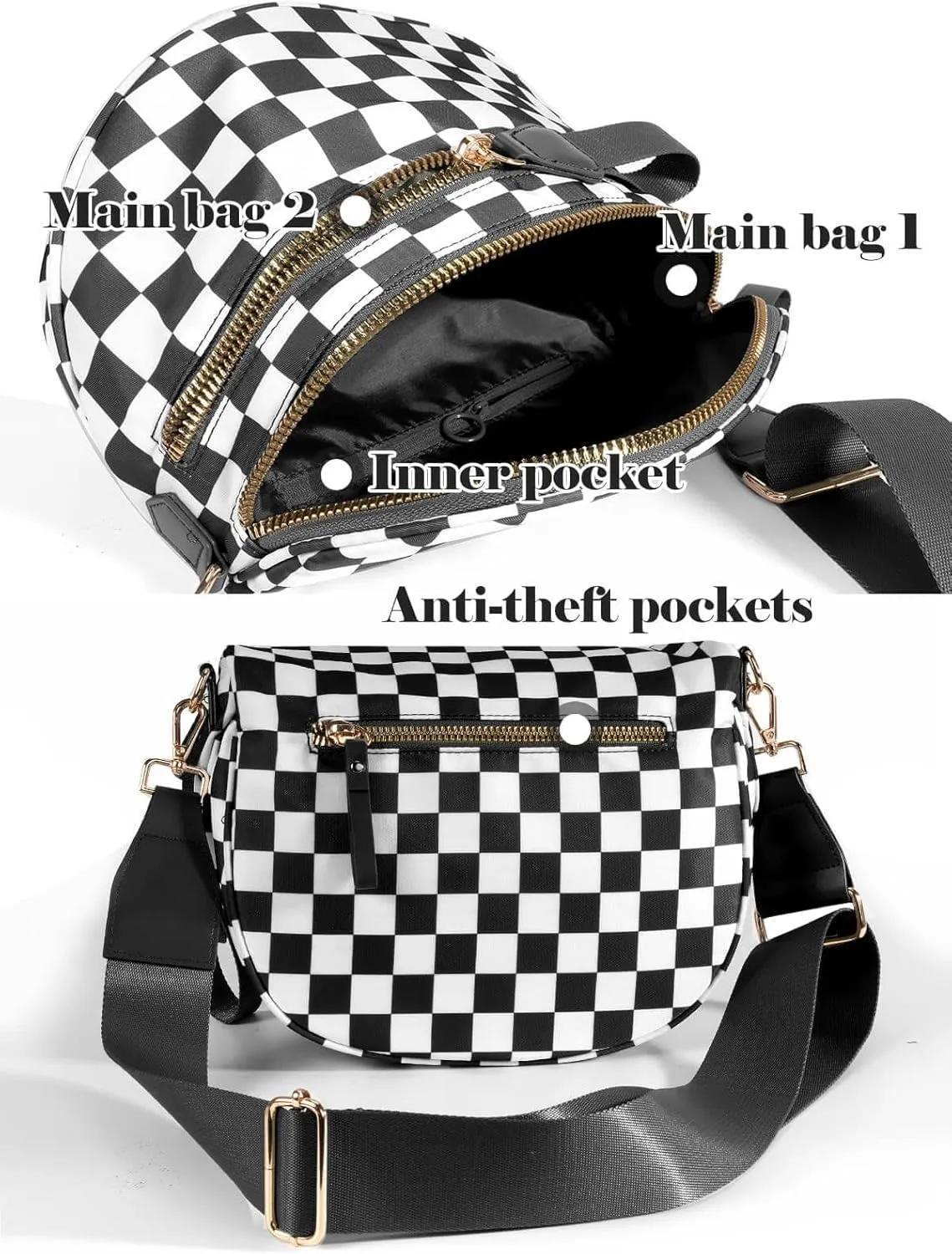 Checkered Crossbody Bag Bum Bag for Women & Charms Spacious Purse, Sling Bags with Shoulder Strap