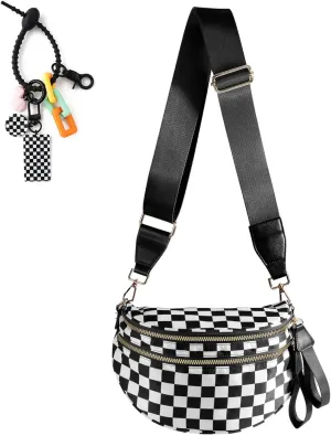 Checkered Crossbody Bag Bum Bag for Women & Charms Spacious Purse, Sling Bags with Shoulder Strap