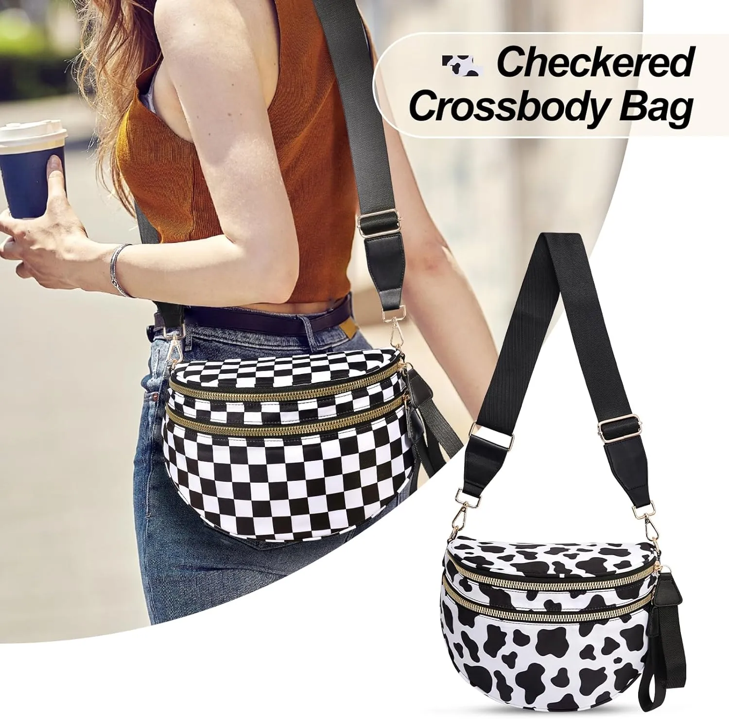Checkered Crossbody Bag,Nylon Bum Bags for Women Crossbody,Spacious Sling Bag Purse Fanny Packs with Shoulder Strap
