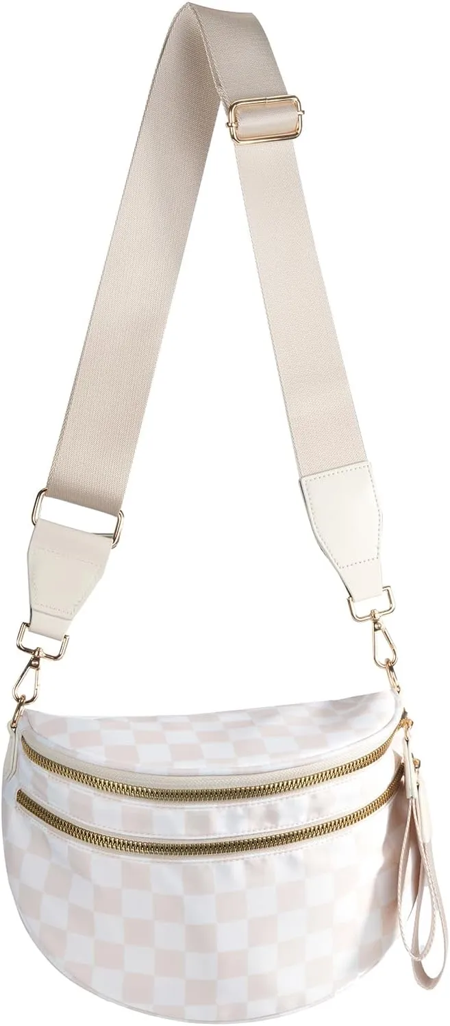 Checkered Crossbody Bags Bum Bag for Women Large Sling Bag Purse with Adjustable Strap（Beige Checkered）